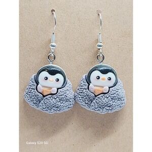 Handmade Penguin in Blanket Dangle Earrings Grey Winter Animal Jewelry